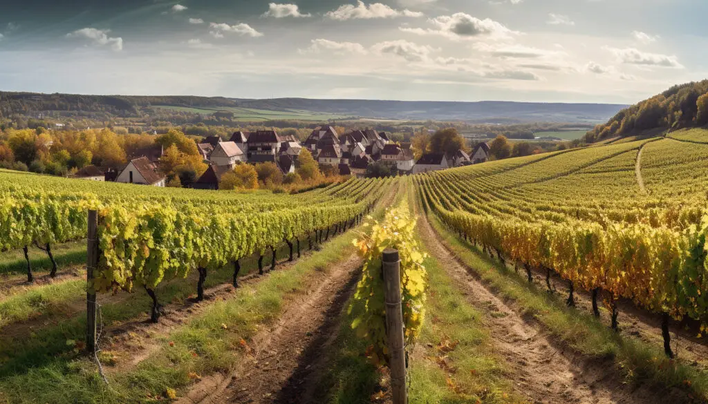 Rows of ripe grapes in a scenic vineyard landscape generated by artificial intelligence